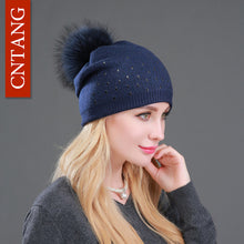 Winter Wool Women Beanies Rivets Decoration Pompon Fur Hats