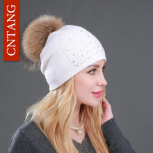 Winter Wool Women Beanies Rivets Decoration Pompon Fur Hats