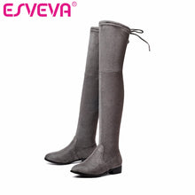 Over The Knee Boots Square Med Heel Lace Up Stretch Fabric Fashion Boots