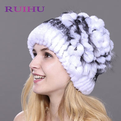 RUIHU Women Rex Rabbit + Fox Fur Hat Female Genuine Winter Women Fur Caps Lady Headgear Beanies For Russia skullies RHM710